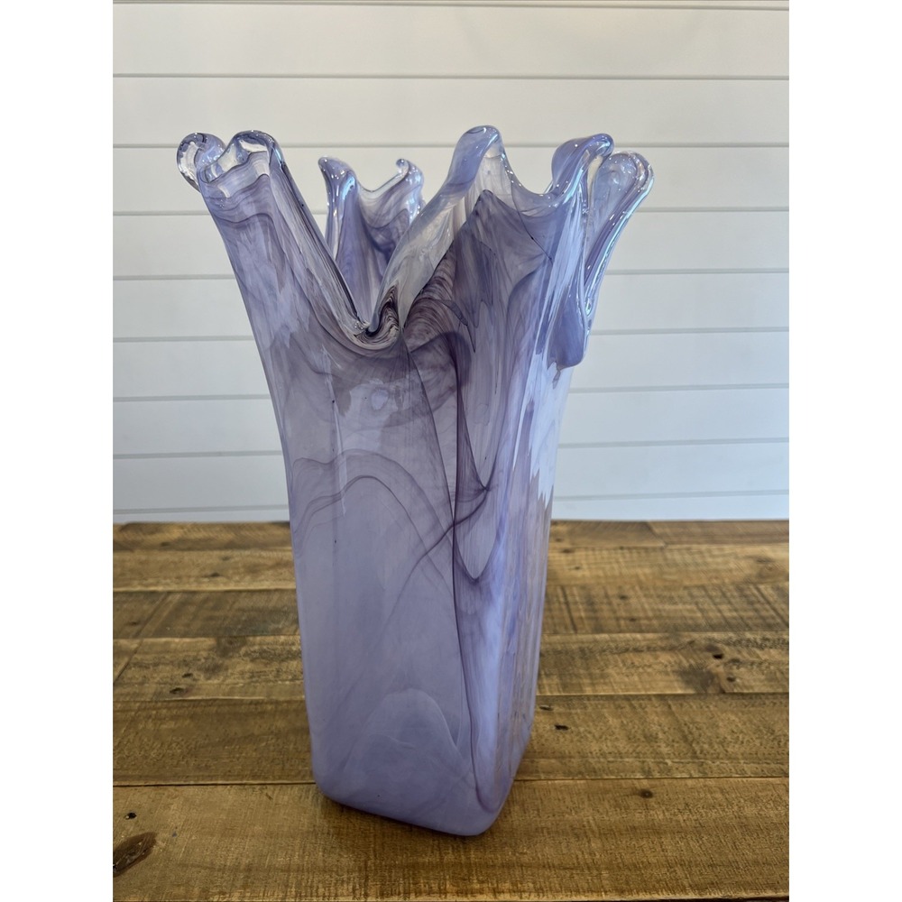Murano Style Hand-Blown Glass Vase 14.5"Tall x 8" Wide Lavender Swirl, Ruffled